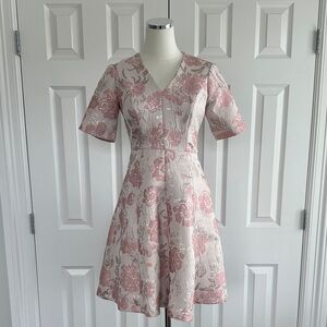 Gal Meets Glam Metalic Floral Pink Gold Jacquard Wedding Guest Dress Size 0P